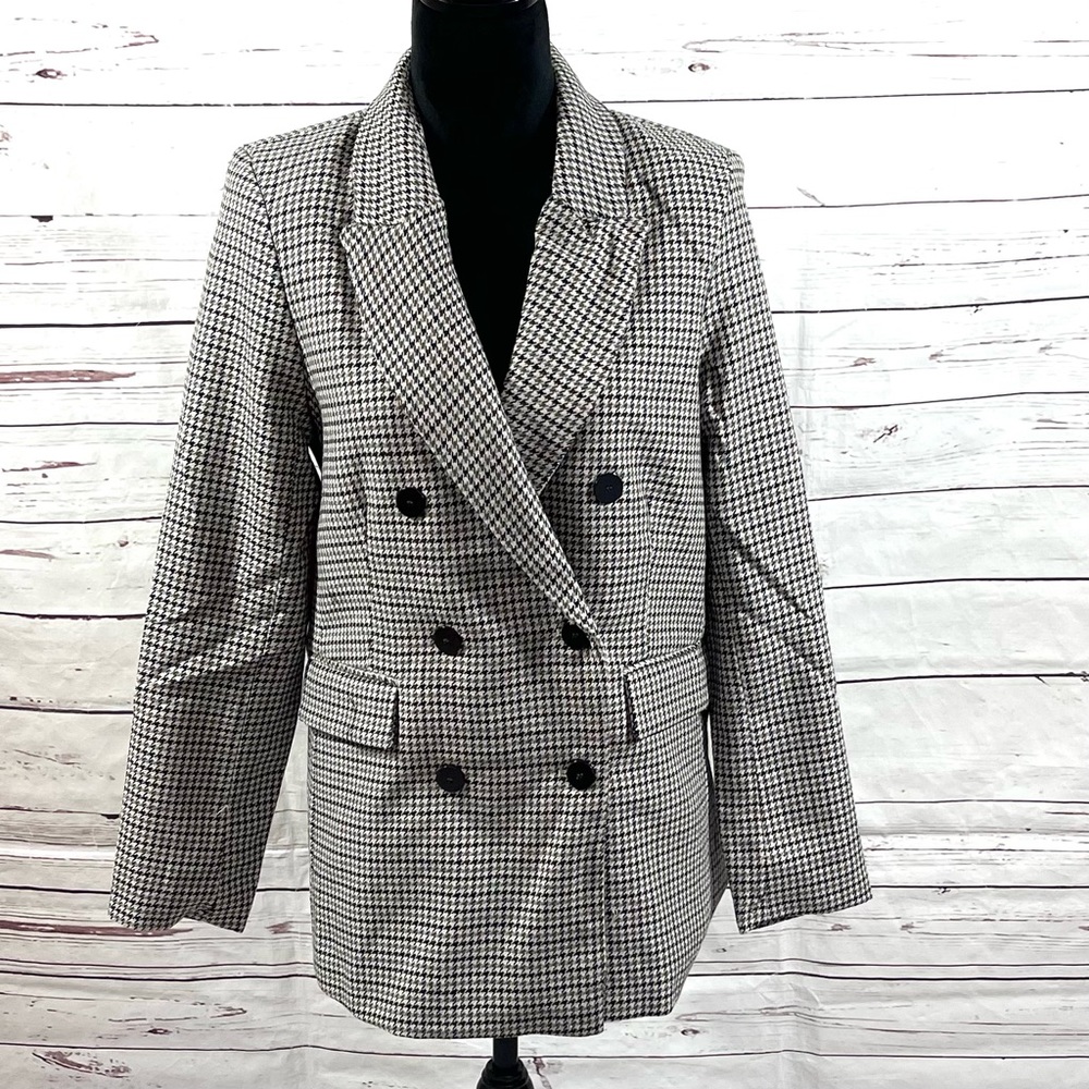 Rachel Zoe Blazer Womens Size M Double Breasted Wool Blend Houndstooth Gray